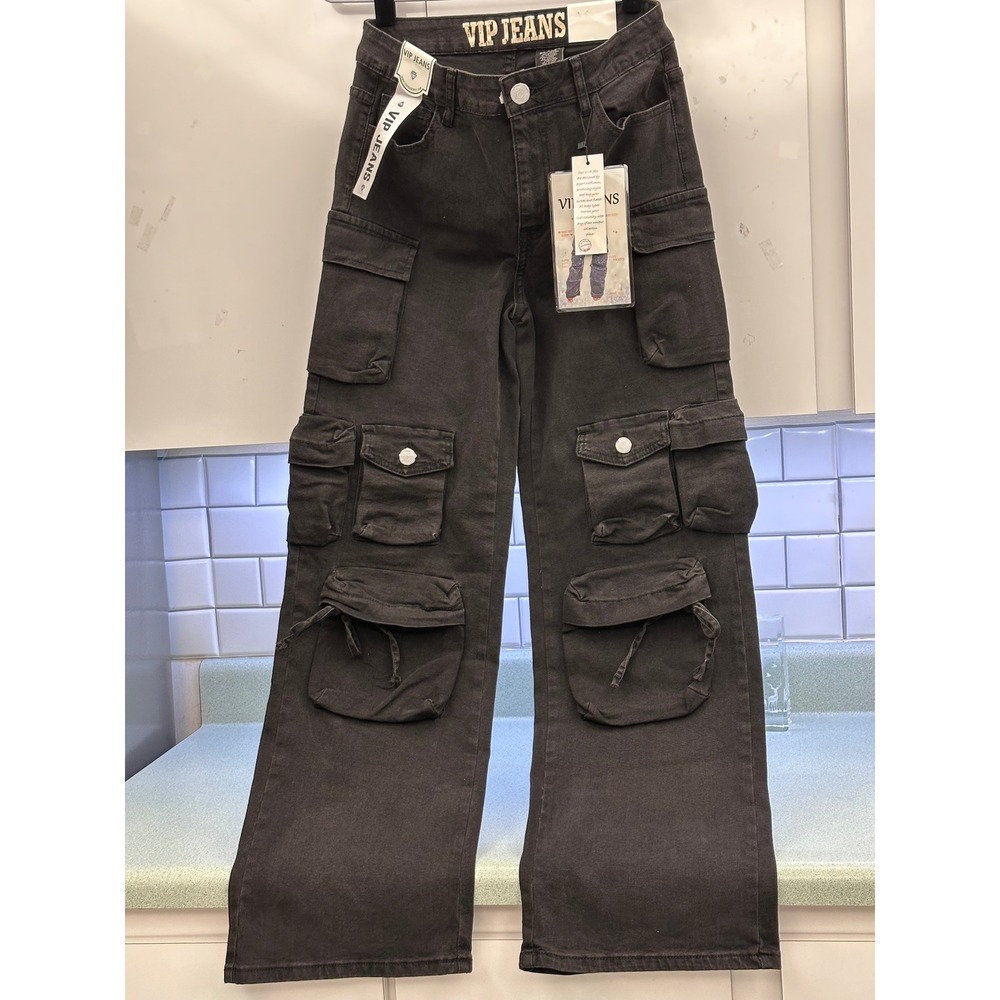 VIP Jeans Womens Black Wide Leg Cargo Pants Sculpting Stretch Multi Pocket 11/30